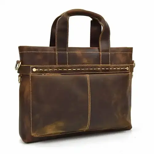 Vintage Leather Tote Bag with Zippered Pocket and Spacious Interior